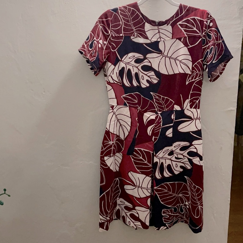 It’s a burgundy dress with leaves design